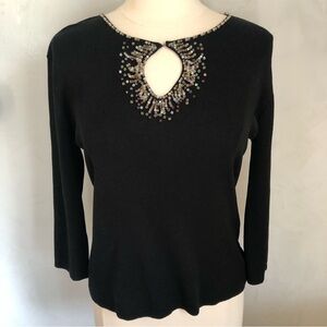 Joseph A Silk Black sweater/top with bead design around the collar Size Large